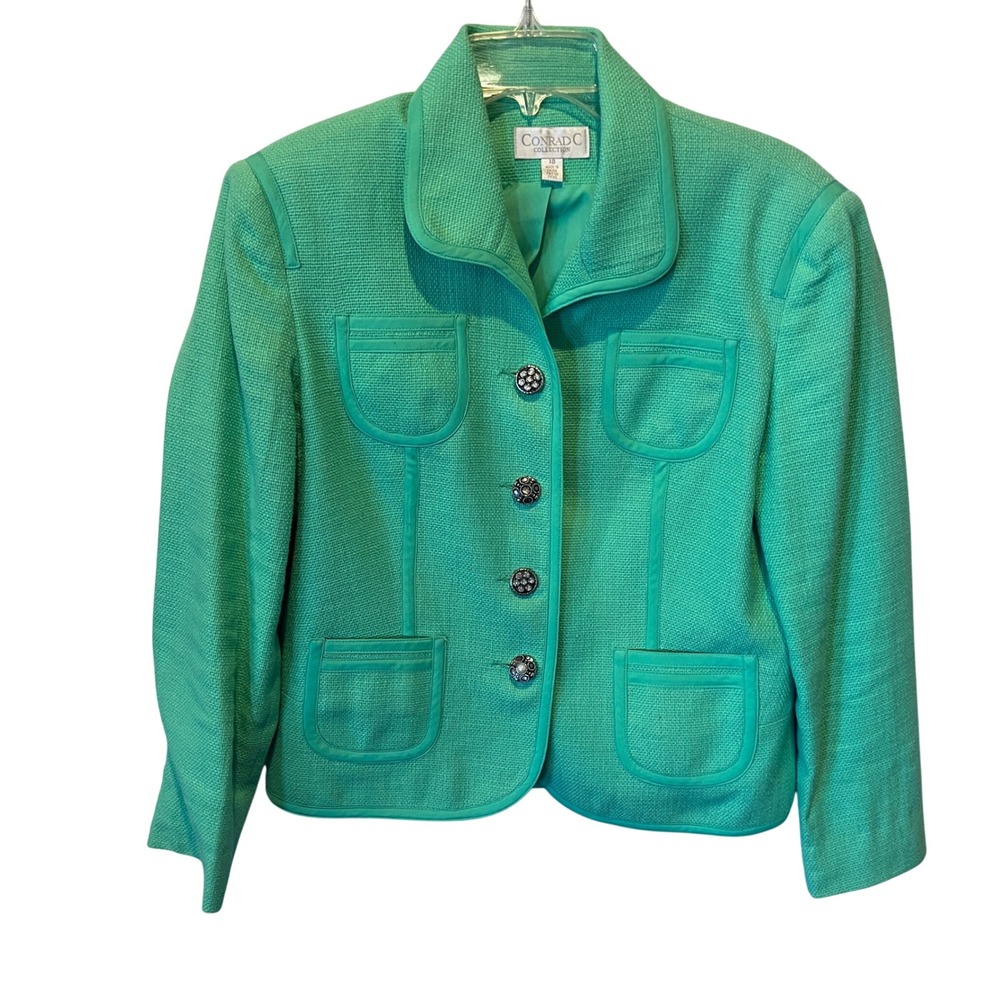 Conrad C Collection Green Textured Cotton Blazer Rhinestone Button Jacket Sz 10